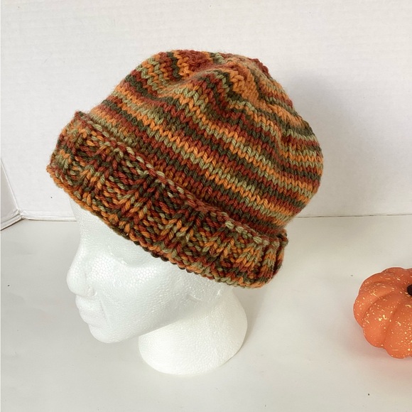 Beanie Hat Slouchy Hand Crafted Multicolor Stripes Orange Brown Green Rust Knit - Picture 4 of 16